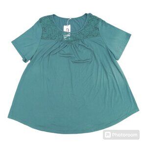Vislily Green Short Sleeve Peasant Top with Lace Accent, Round Neckline Size 20W